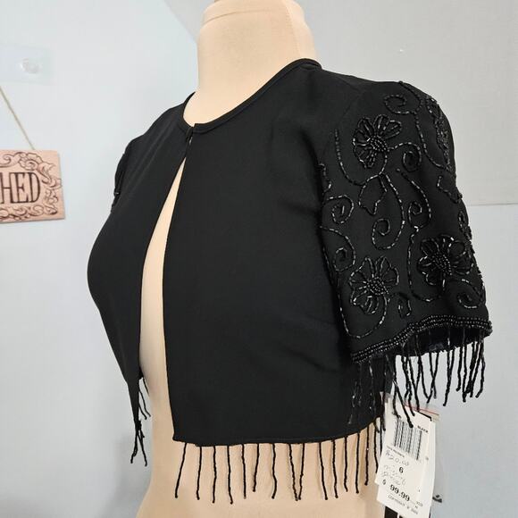 NEW Eva Blue Black Dressy Shrug Cardigan with Embellished Fringe Sleeves Size 6 - Picture 5 of 12